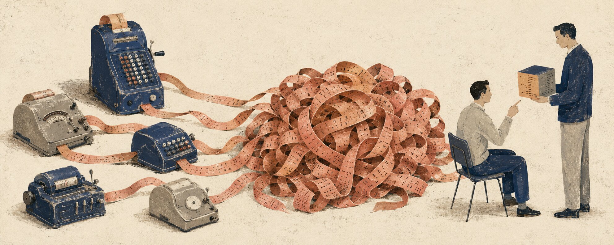 Five navy and grey calculating machines feed terracotta paper ribbons into a large pile while two men inspect a small cube