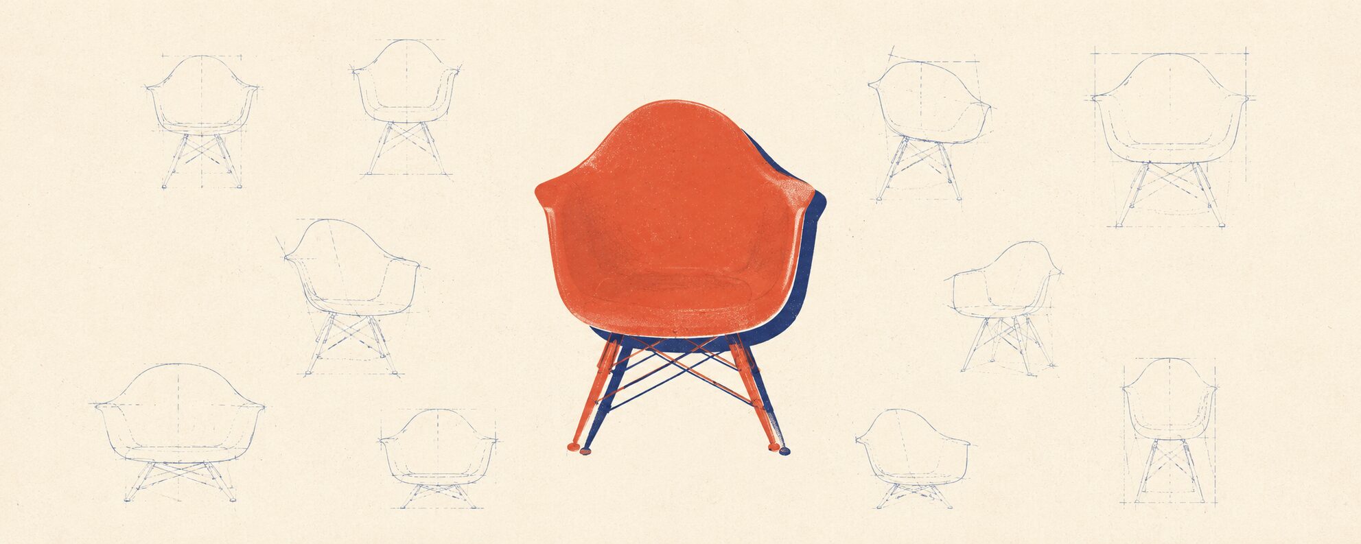 A single finished orange Eames fiberglass armchair surrounded by blue blueprint sketches of the same chair